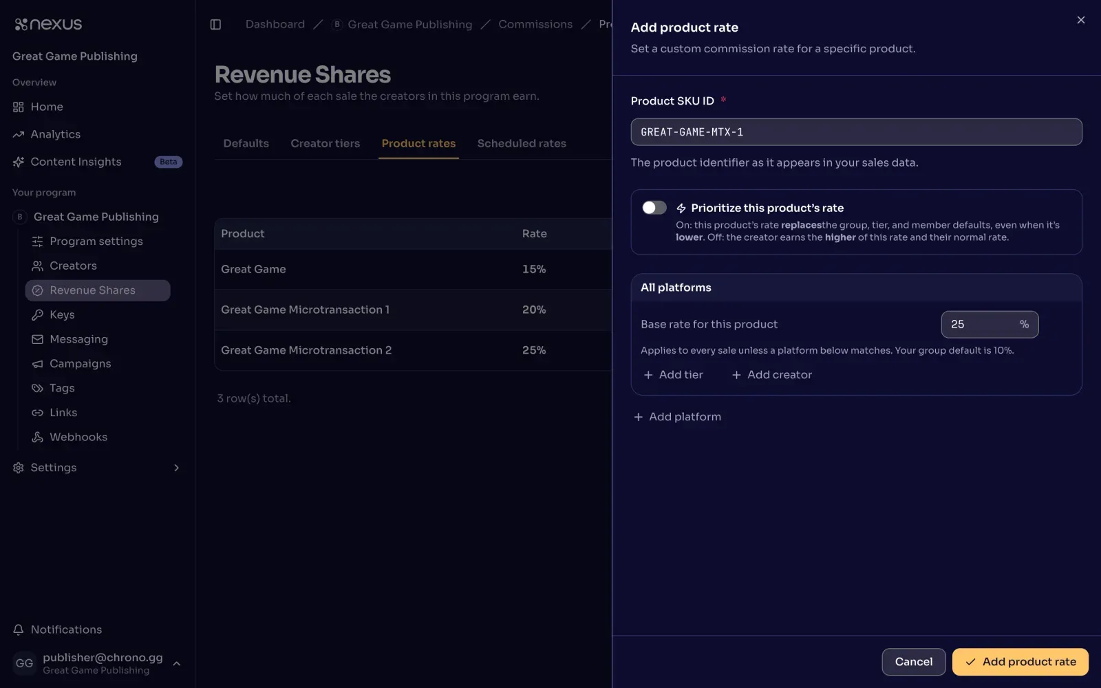 The Add product rate panel with a product SKU ID, a priority toggle, and a base rate.