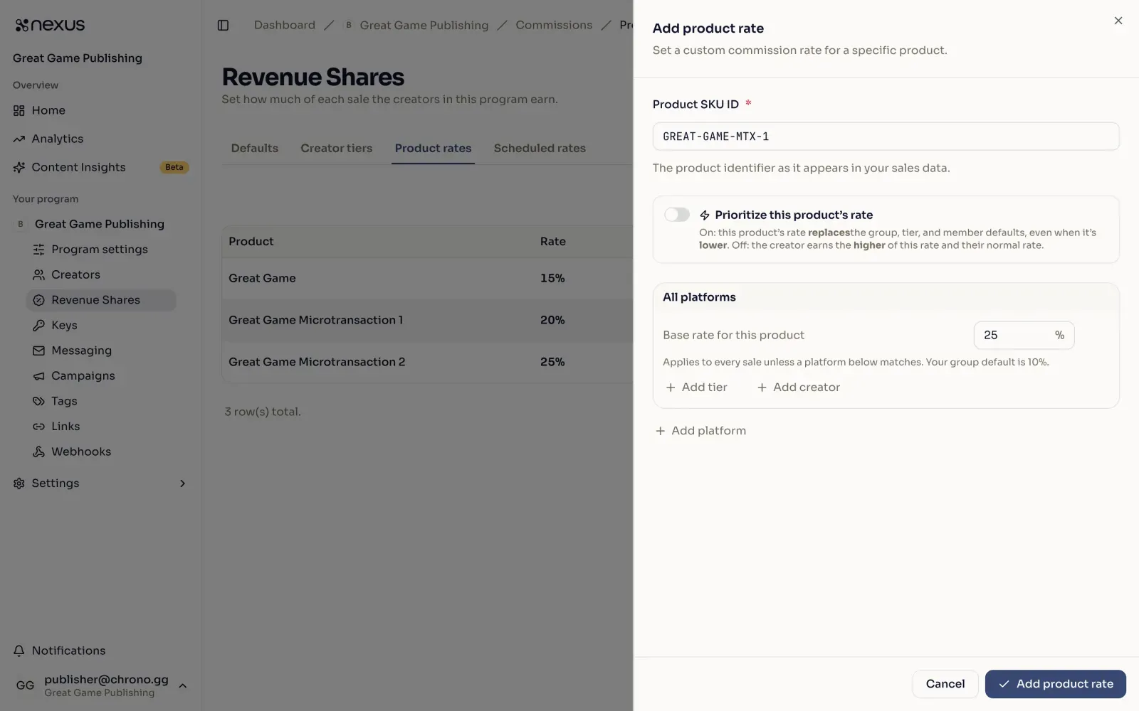 The Add product rate panel with a product SKU ID, a priority toggle, and a base rate.
