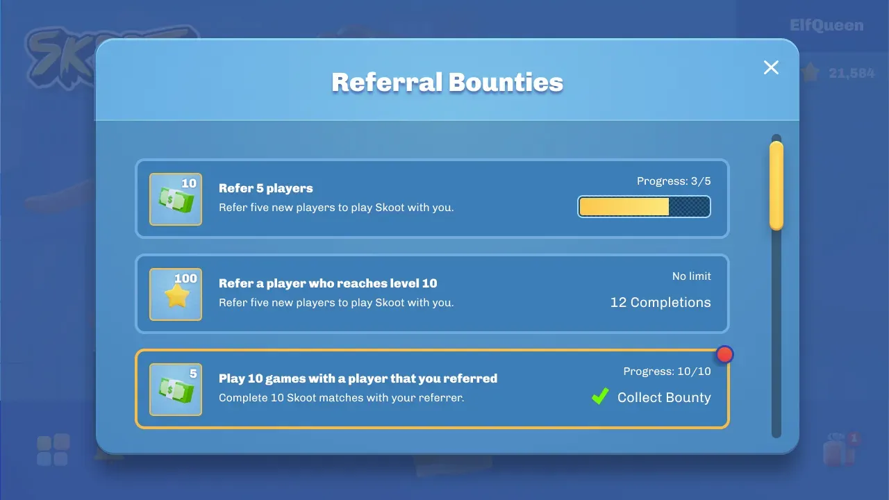 A bounties listing screen showing referral tasks with rewards, progress bars, and completion status.