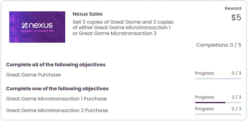 A bounty objective counting sales of specific SKUs, requiring set quantities of each to complete.