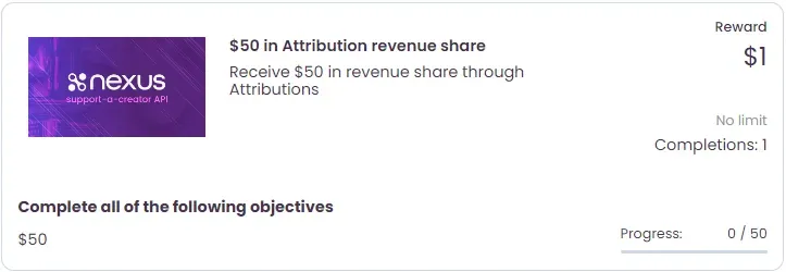 A bounty objective requiring the member to receive $50 in revenue share from attributions.