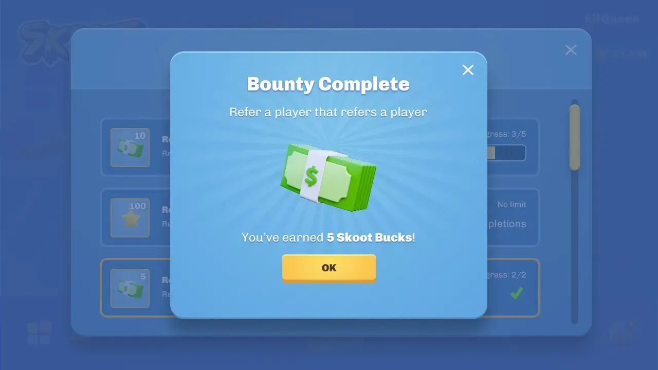 A bounty reward popup confirming completion and the reward the player earned.