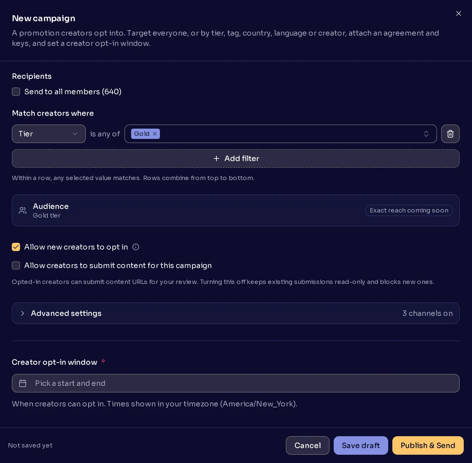 The audience builder with one row matching creators in the Gold tier, the Audience card reading Gold tier, and Allow new creators to opt in ticked.