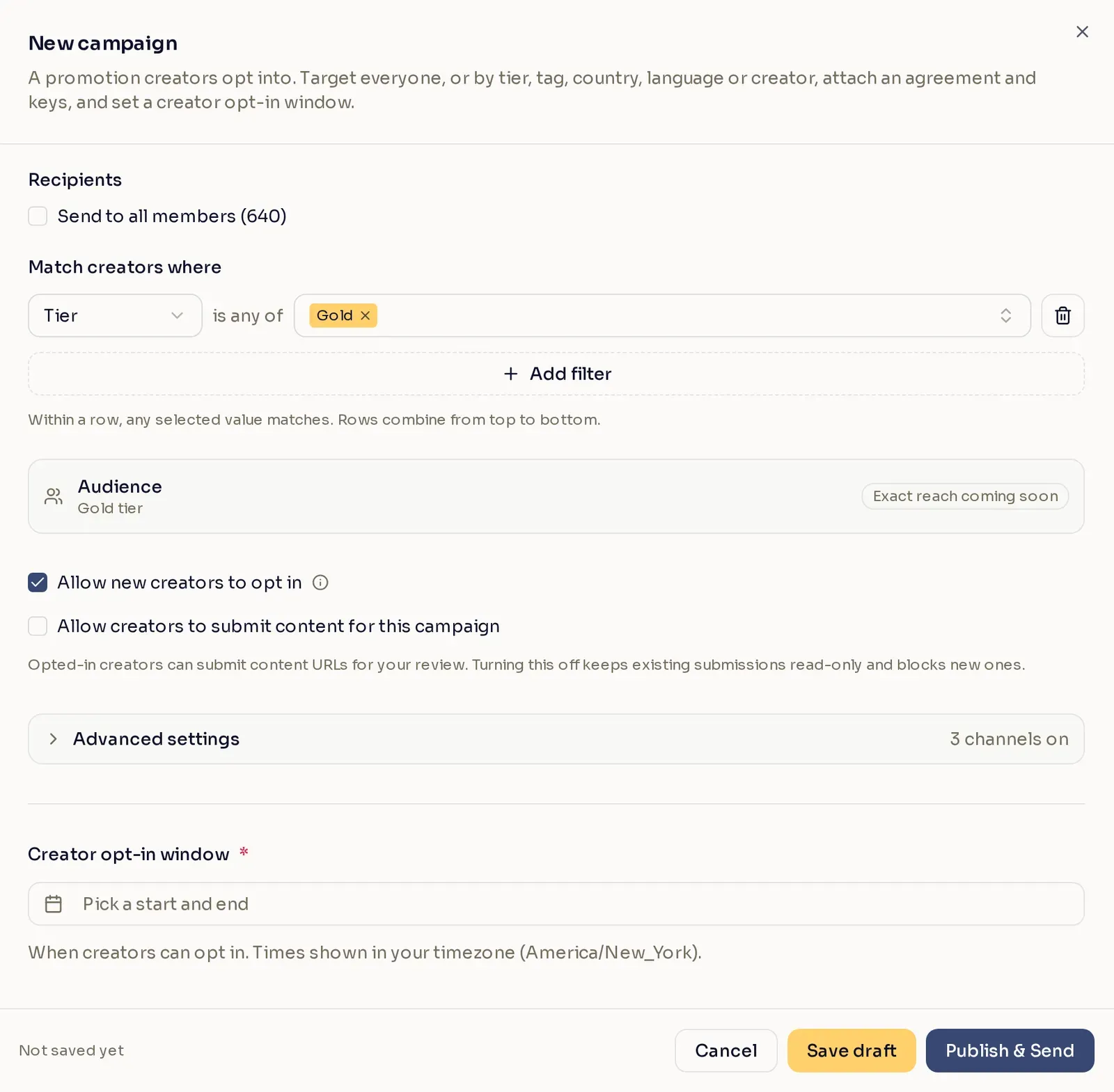 The audience builder with one row matching creators in the Gold tier, the Audience card reading Gold tier, and Allow new creators to opt in ticked.