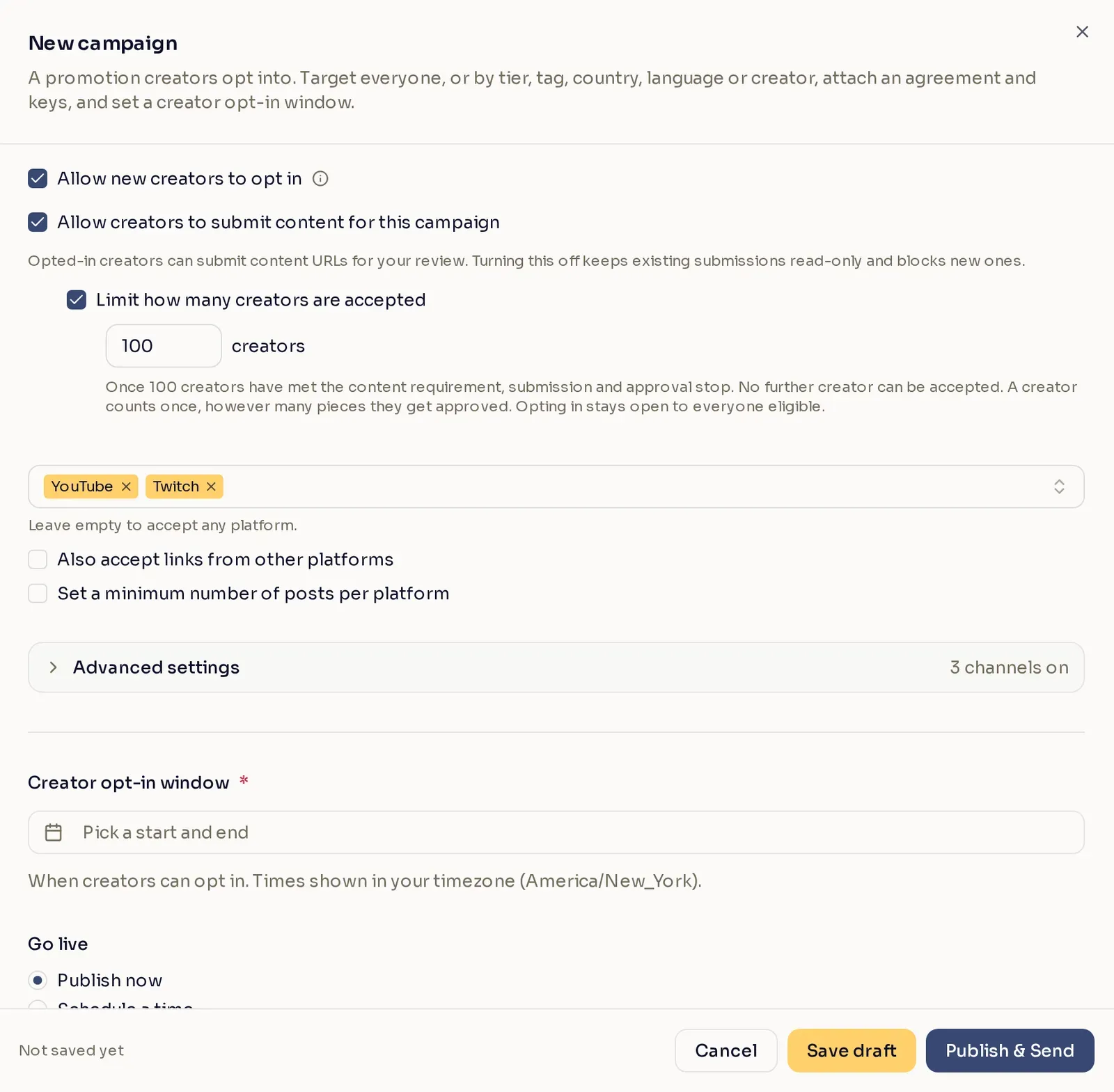 The content submission settings with the creator limit set to 100 and YouTube and Twitch chosen as platforms.