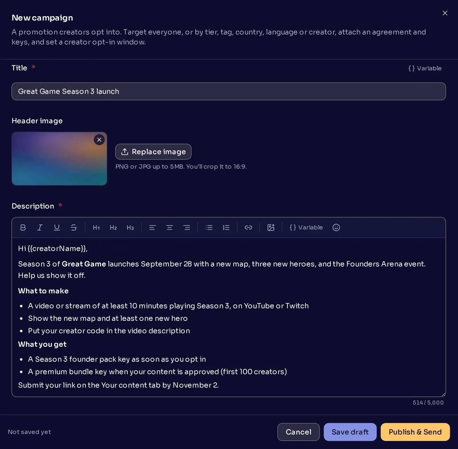 The title and description of a new Season 3 launch campaign, with the description listing what to make and what creators get.
