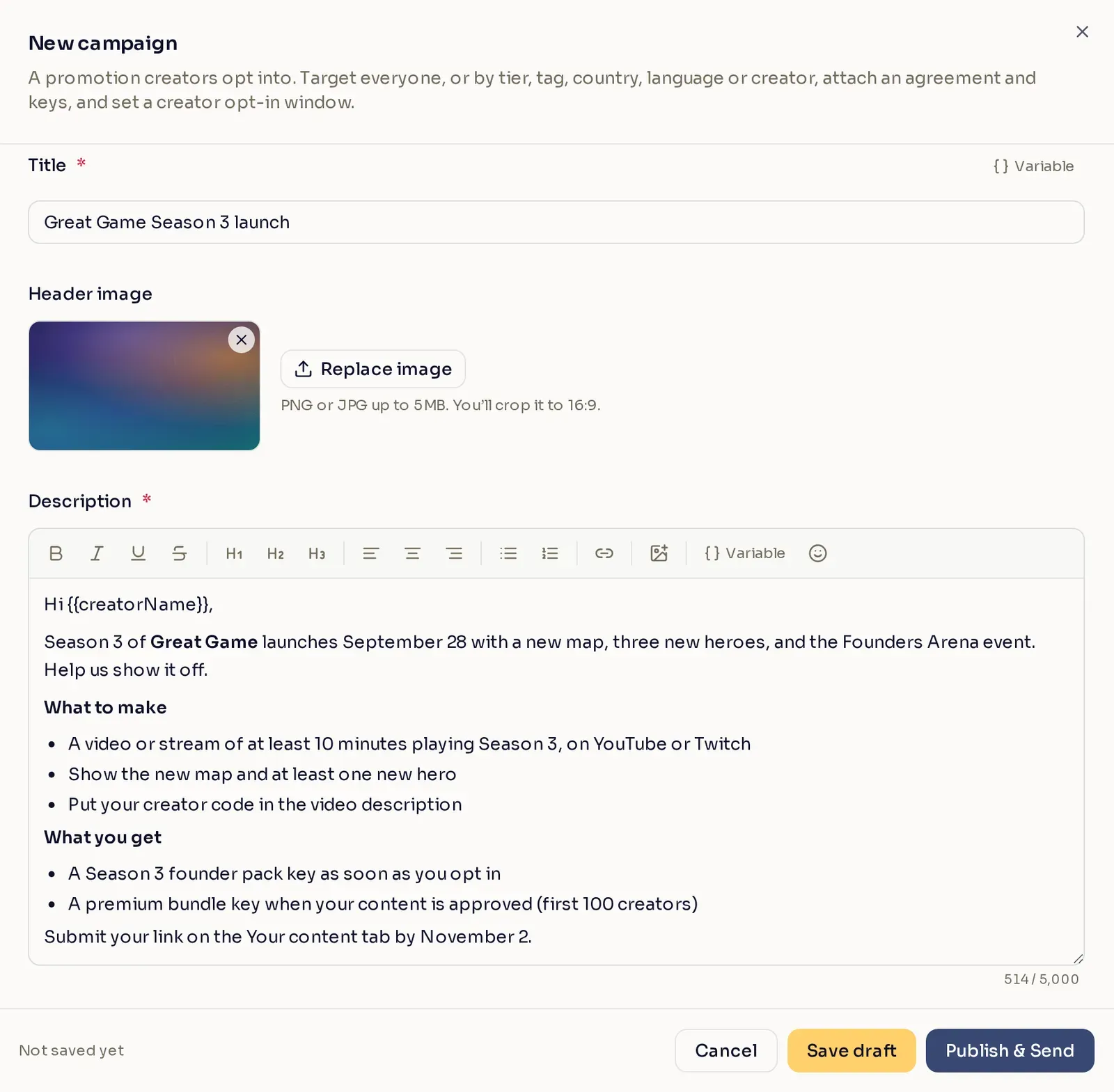 The title and description of a new Season 3 launch campaign, with the description listing what to make and what creators get.
