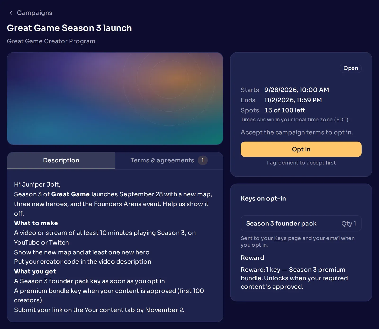 A creator's view of the Season 3 launch campaign, with the formatted description, the opt-in window, the keys on offer, and the Opt In button.