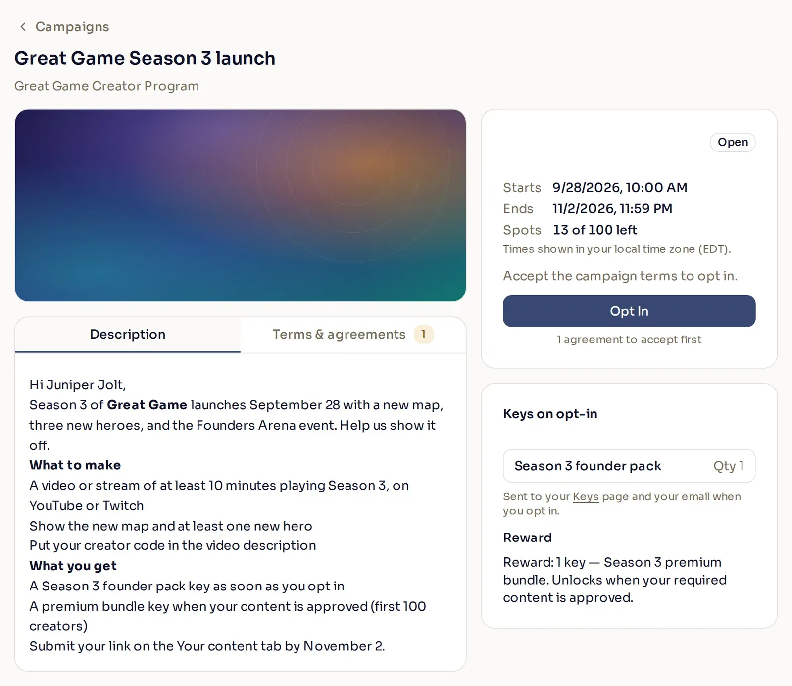 A creator's view of the Season 3 launch campaign, with the formatted description, the opt-in window, the keys on offer, and the Opt In button.