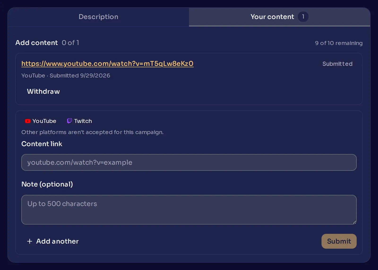 The Your content tab of a campaign the creator joined, with one submitted YouTube link and the form for adding another.