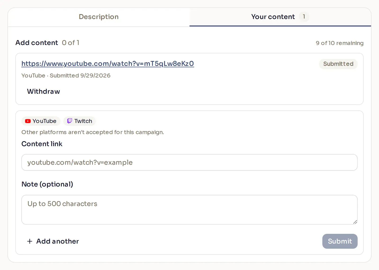 The Your content tab of a campaign the creator joined, with one submitted YouTube link and the form for adding another.