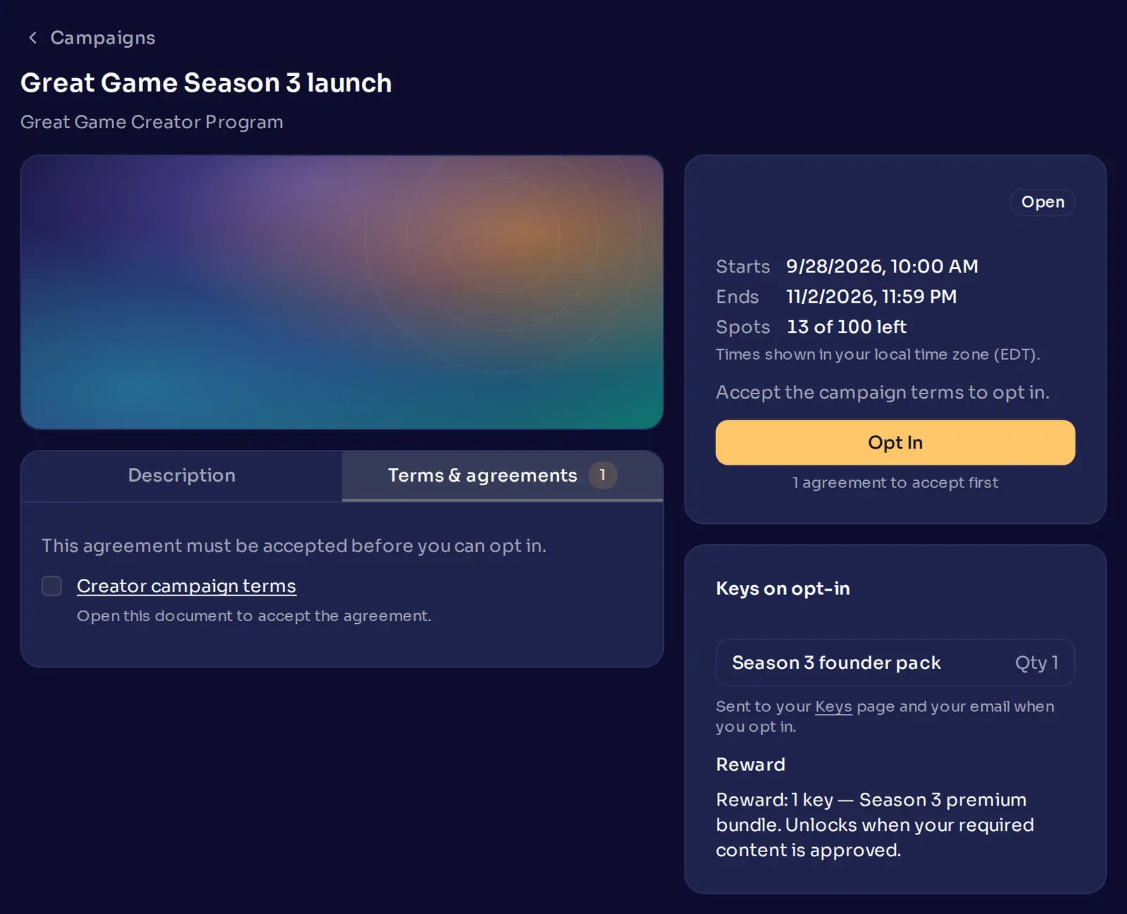 The Terms and agreements tab, where the creator opens the campaign terms before accepting them.