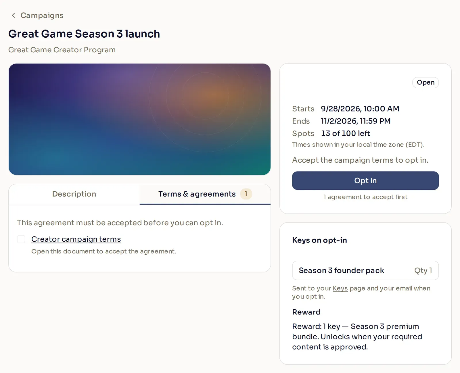 The Terms and agreements tab, where the creator opens the campaign terms before accepting them.