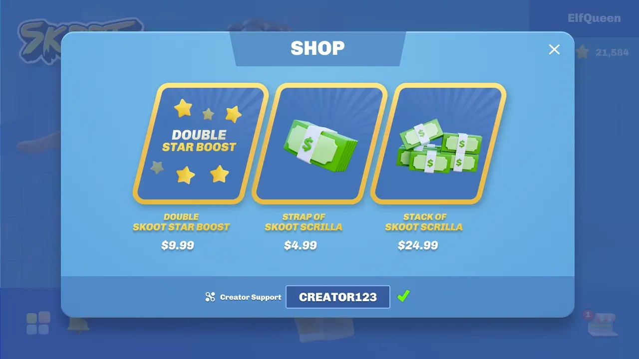 An in-game shop with a creator code input field below purchasable items, an example of where to surface code entry.