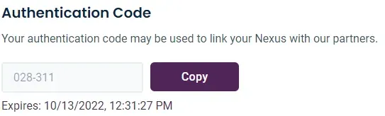 An authentication code shown in the Nexus Creator Dashboard with a copy button and an expiration time.