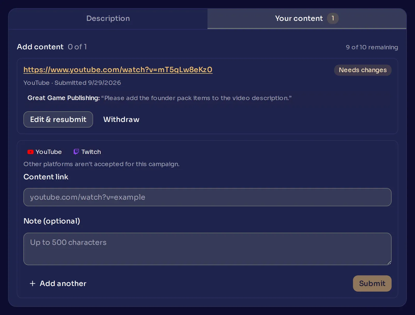 A creator's view of a submission the publisher sent back with Request changes, showing the status and the publisher's note.