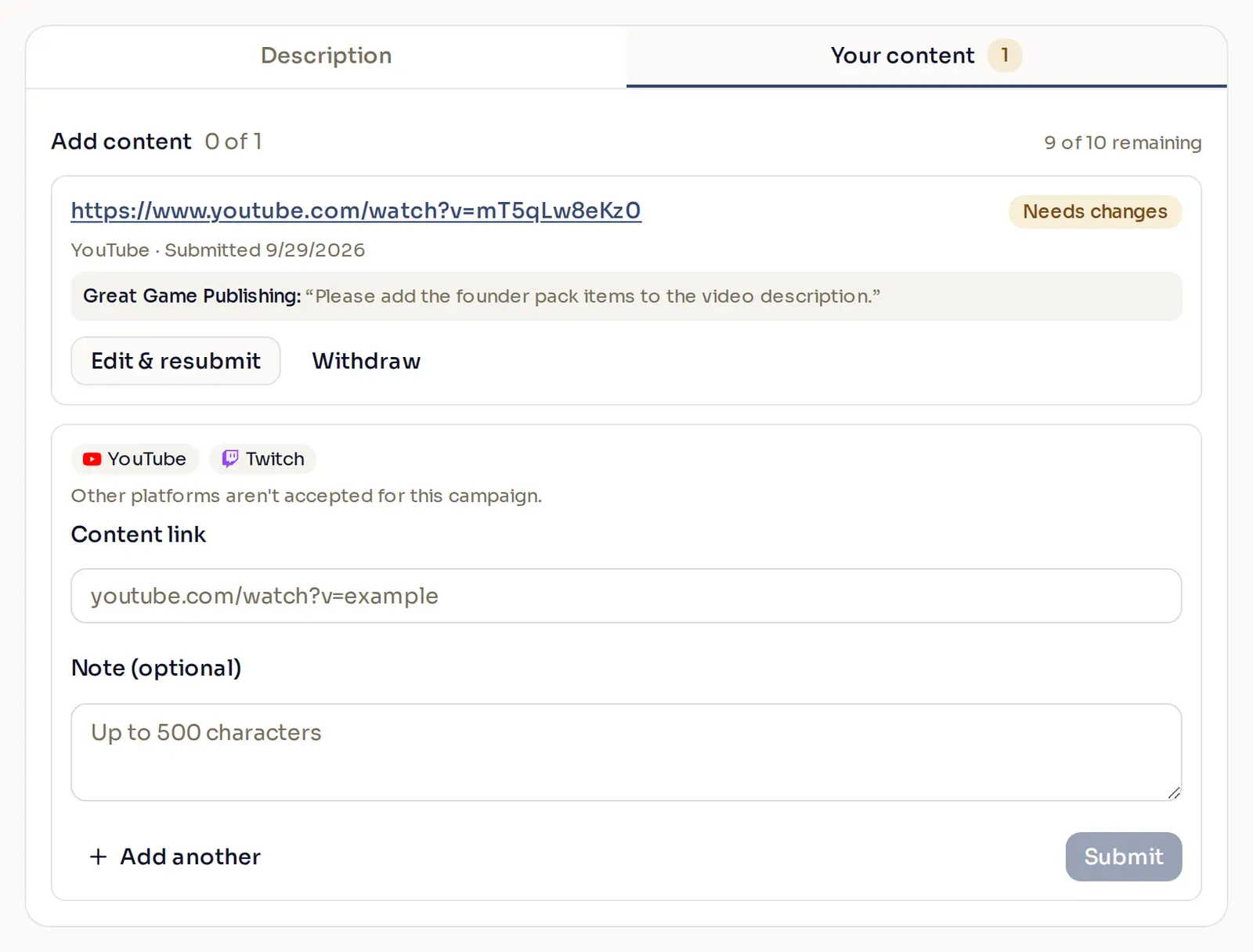 A creator's view of a submission the publisher sent back with Request changes, showing the status and the publisher's note.