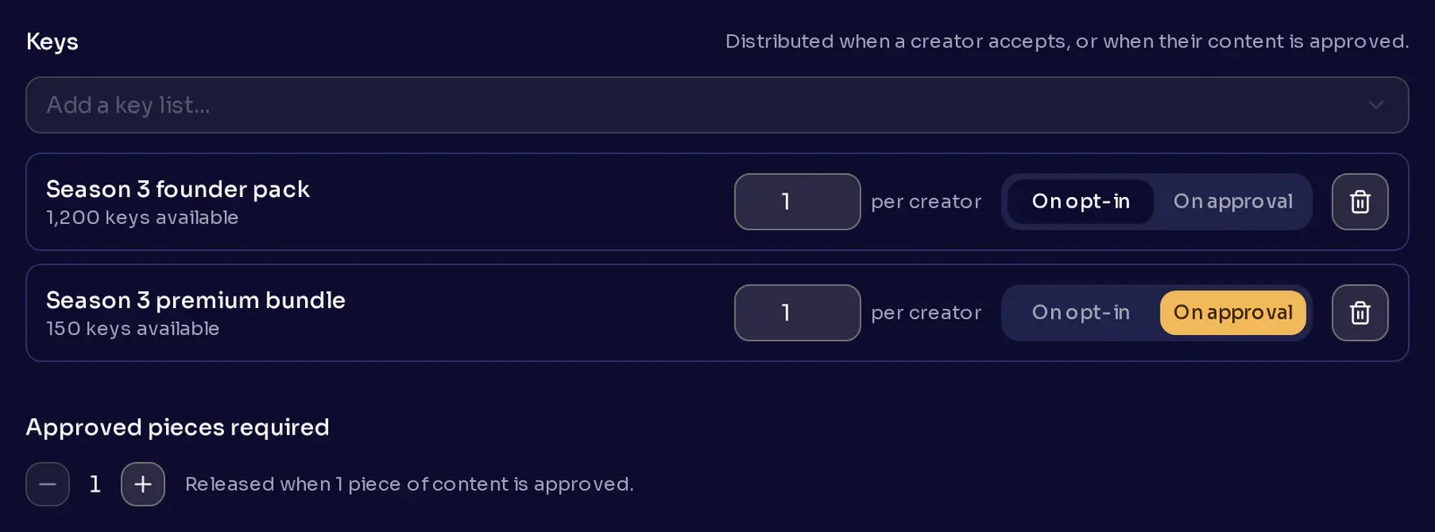The Keys section with the Season 3 founder pack sent on opt-in and the Season 3 premium bundle sent on approval, one key per creator each, and Approved pieces required set to 1.