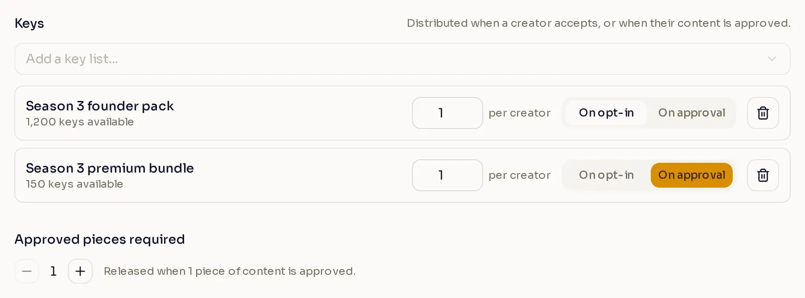 The Keys section with the Season 3 founder pack sent on opt-in and the Season 3 premium bundle sent on approval, one key per creator each, and Approved pieces required set to 1.