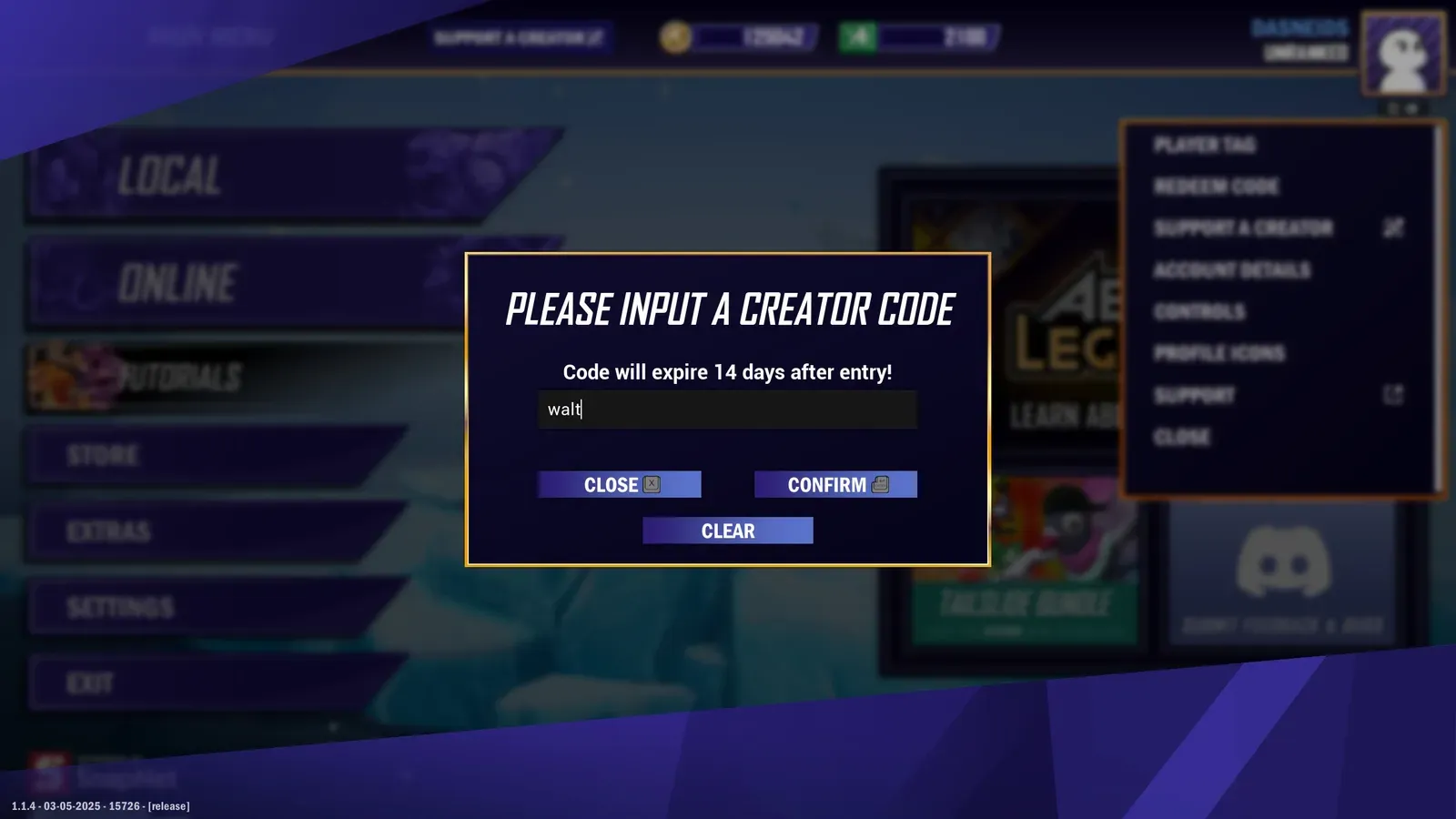The creator code input dialog with an example code entered in the text field.