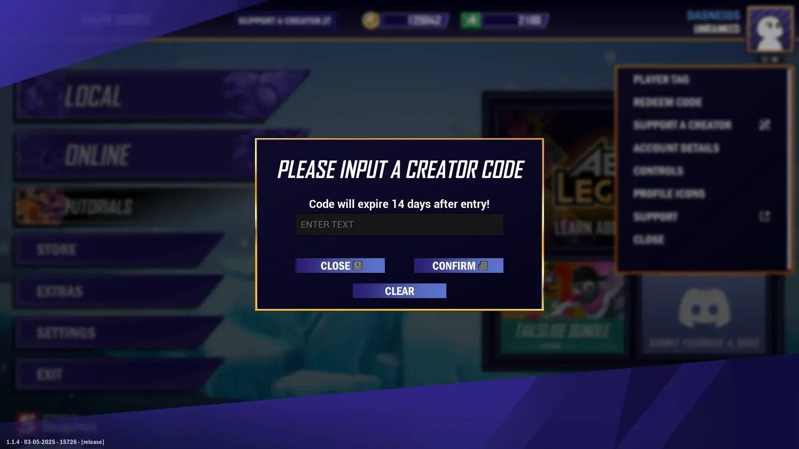 A game dialog prompting the user to enter a creator code, which expires 14 days after entry.
