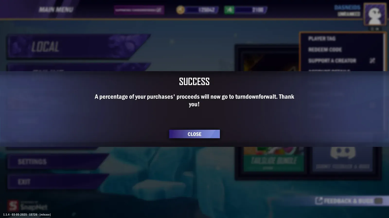 A success notification confirming that a percentage of purchases will now go to the creator.