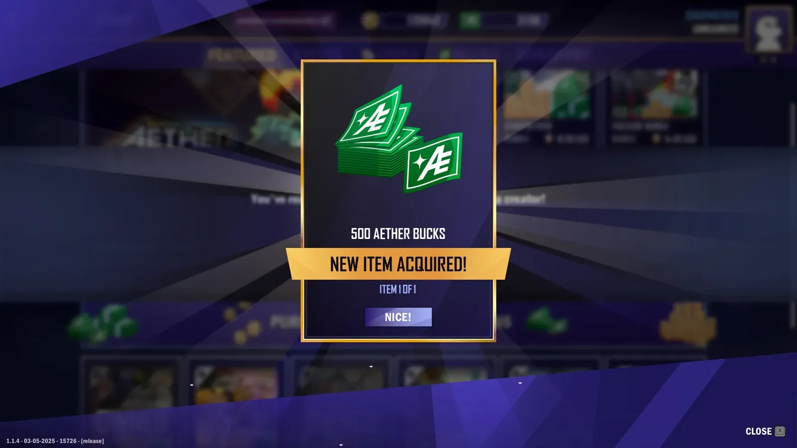 A game notification showing that 500 Aether Bucks were acquired as a new item reward.