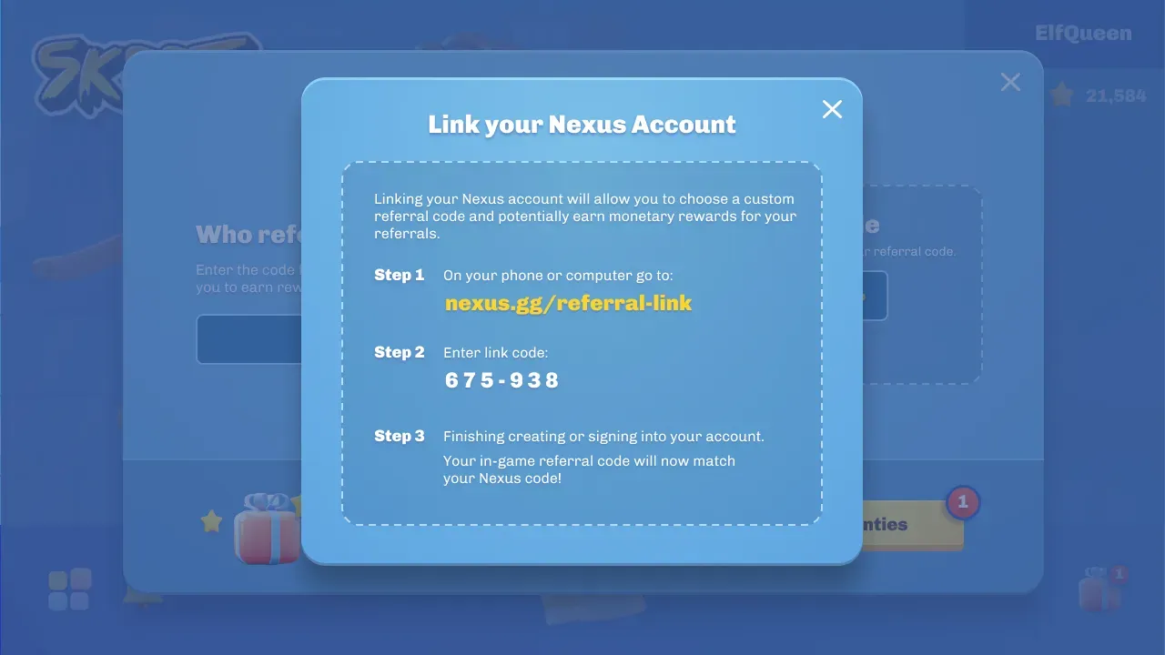 A dialog for linking a game account to Nexus to obtain a custom referral code and out-of-game rewards.