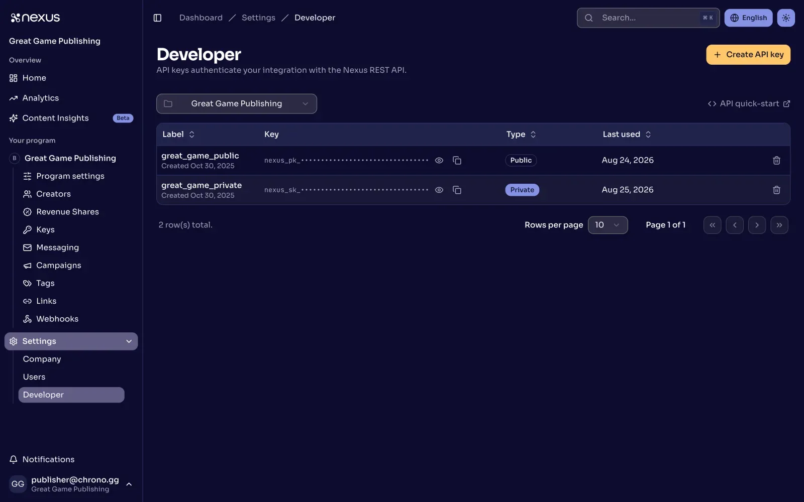 The Developer settings page listing a public and a private API key for one program, with each key masked.