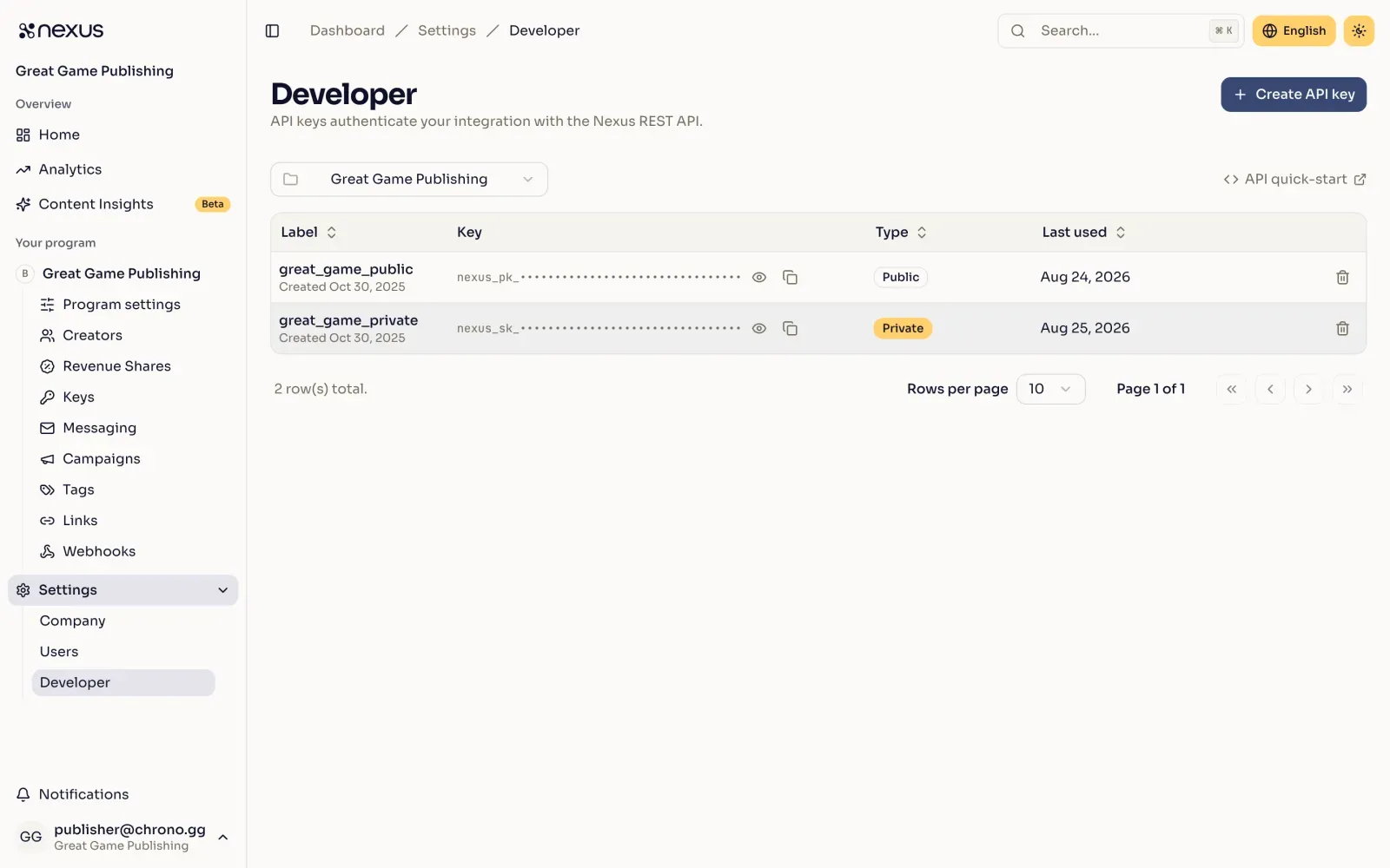 The Developer settings page listing a public and a private API key for one program, with each key masked.