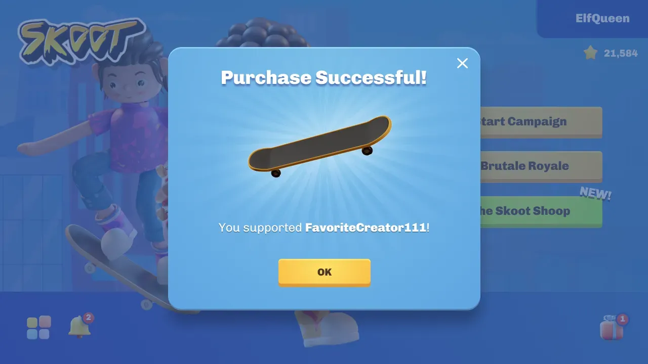 A purchase success message acknowledging that the player supported a creator with their purchase.