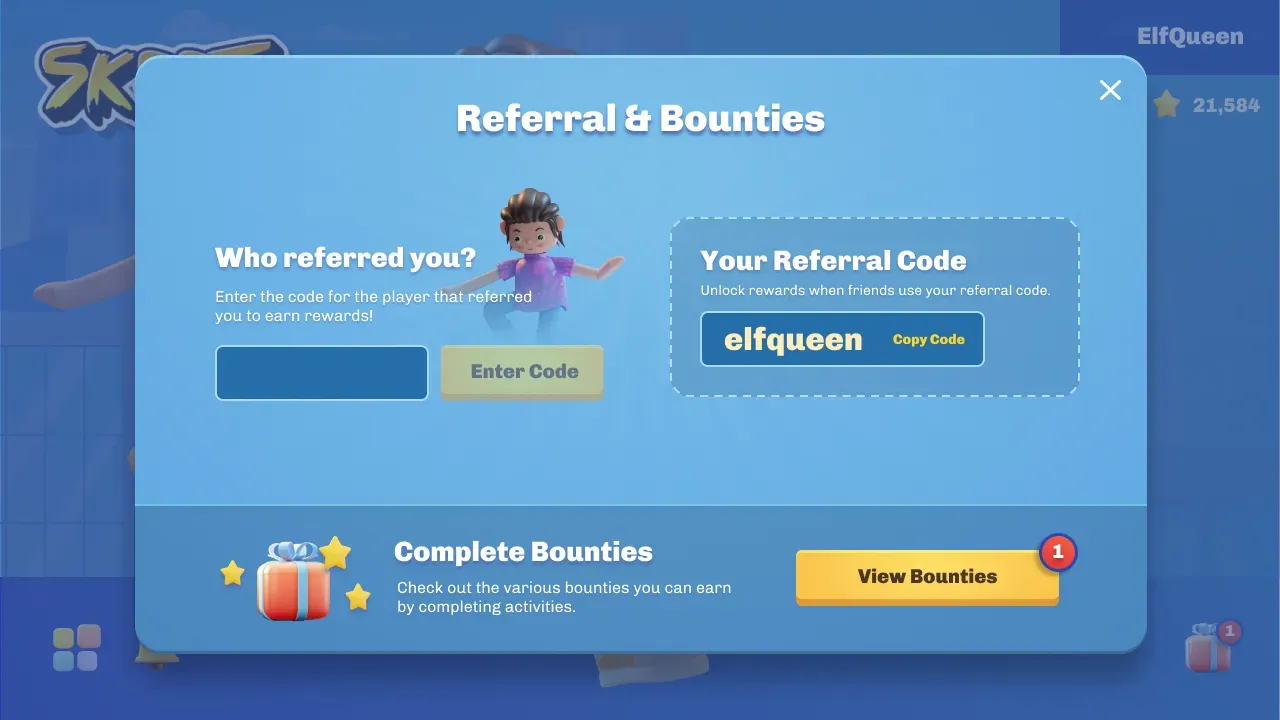 An in-game referral and bounties screen showing a custom Nexus referral code.