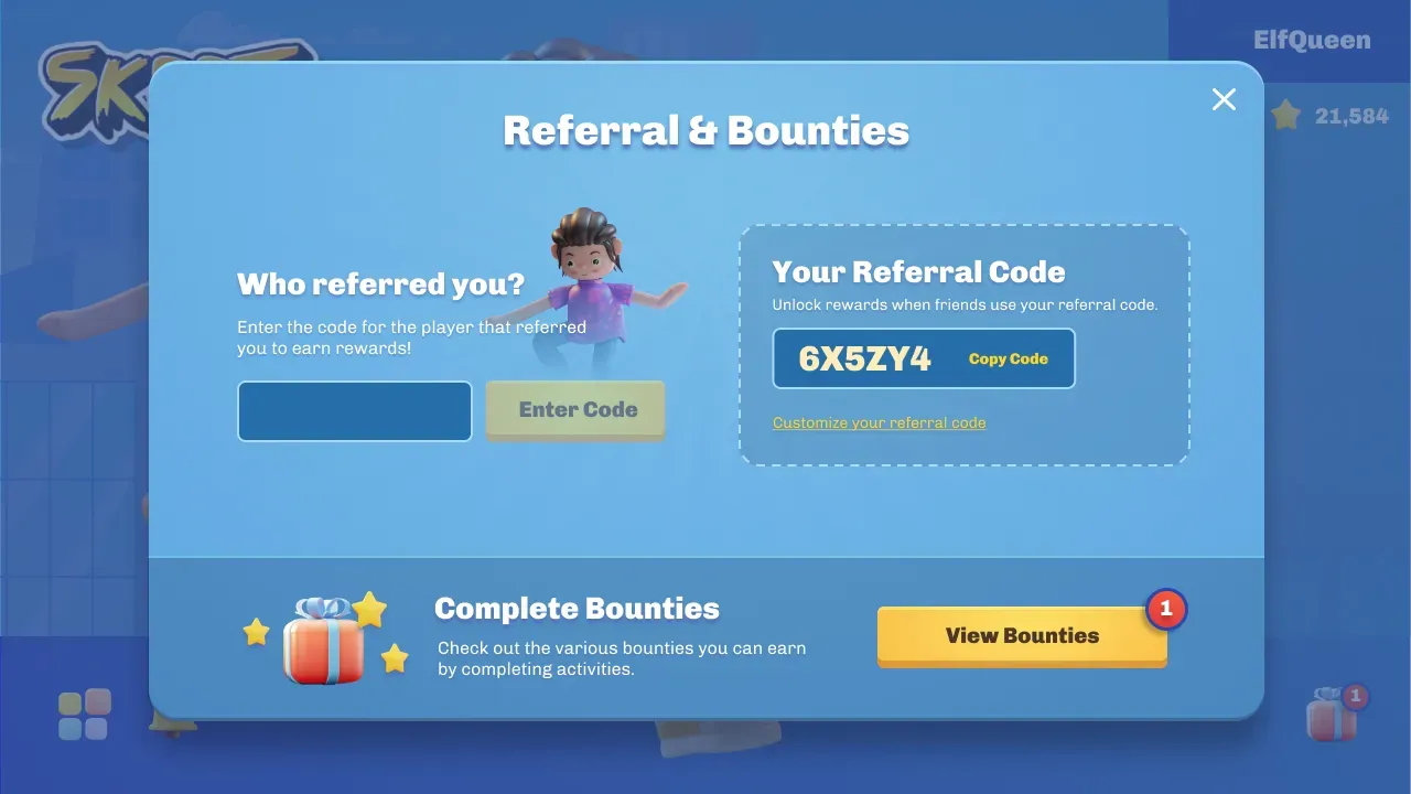 An in-game referral and bounties screen showing a randomly generated referral code and a bounties section.