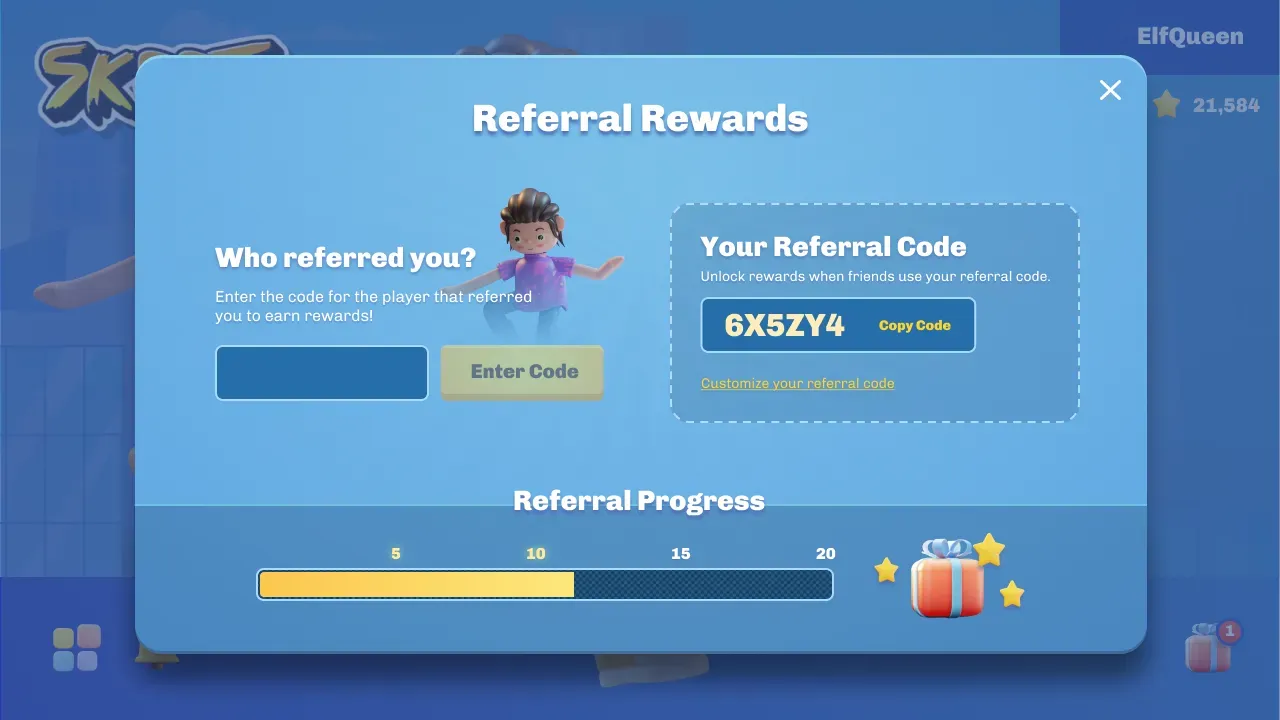 An in-game referral screen showing who referred the player, their referral code, progress, and reward icons.