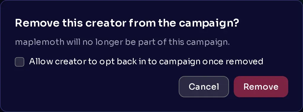 A confirmation dialog asking whether to remove maplemoth from the campaign, with a checkbox to let them opt back in.